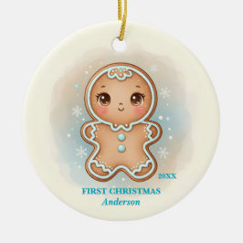 Ornamento De Cerâmica Baby Boy First Christmas Blue Gingerbread Photo