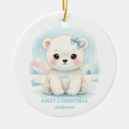 Ornamento De Cerâmica Baby Boy First Christmas Blue Polar Bear Photo