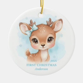 Ornamento De Cerâmica Baby Boy First Christmas Blue Reindeer Photo