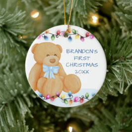 Ornamento De Cerâmica Baby Boy First Christmas Lights Teddy Bear Foto