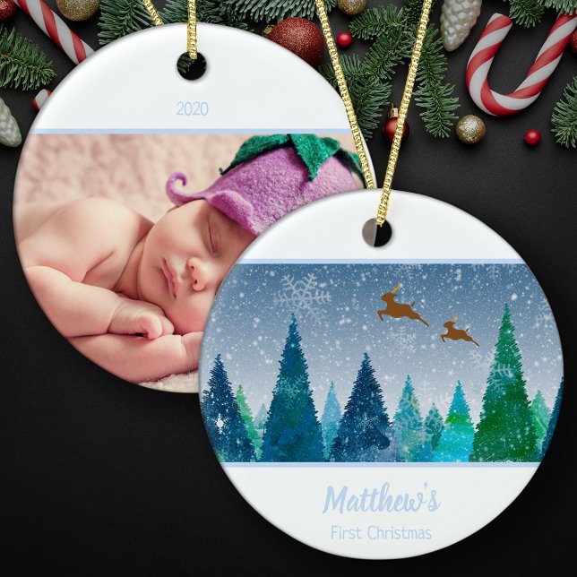 Ornamento De Cerâmica Baby Boy First Christmas Snowflake Foto (Criador carregado)
