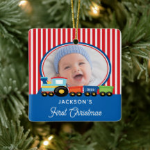 Baby Boy First Christmas Train Photo Cerâmica Orna