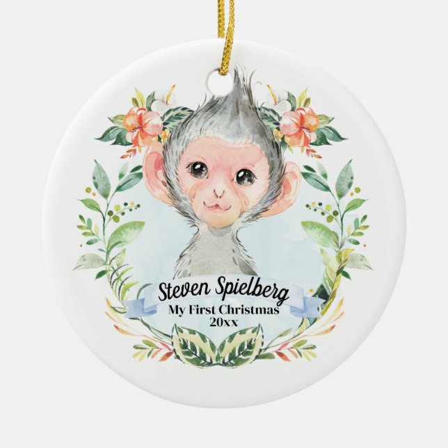 Ornamento De Cerâmica Baby Boy Meu Primeiro Natal Aquarela Bebê Macaco (Frente)