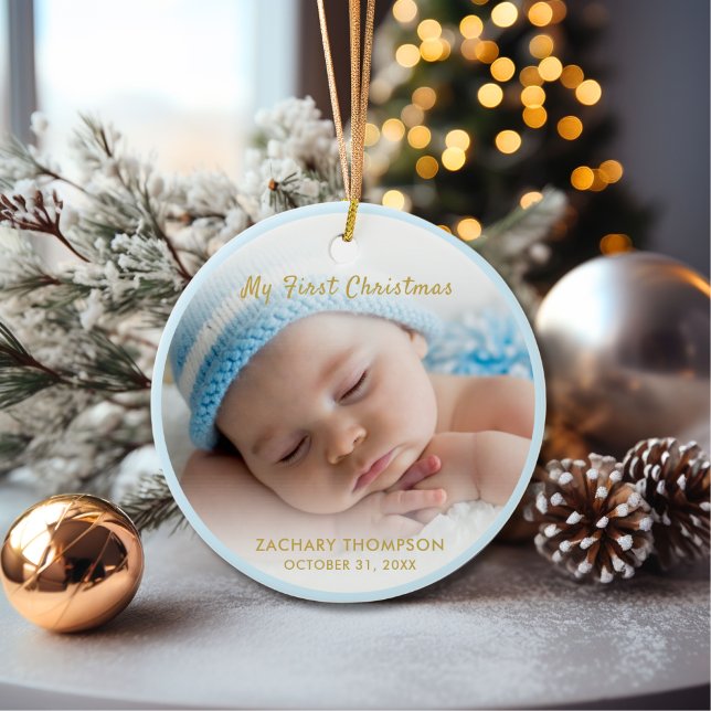 Ornamento De Cerâmica Baby Boy My First Christmas Photo Keepsawn (Criador carregado)
