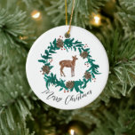 Ornamento De Cerâmica Baby Deer Christmas Wreath Sticker<br><div class="desc">Adicione calor à sua casa com nosso ornamento da coroa de Natal dos veados. Mão pintada de coroa.</div>