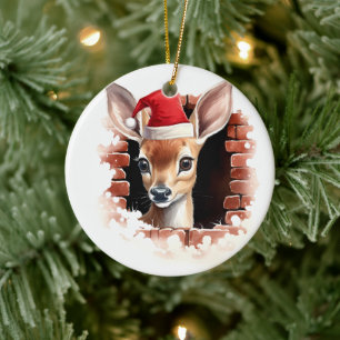 Ornamento De Cerâmica Baby Deer in Santa Hat - 3D