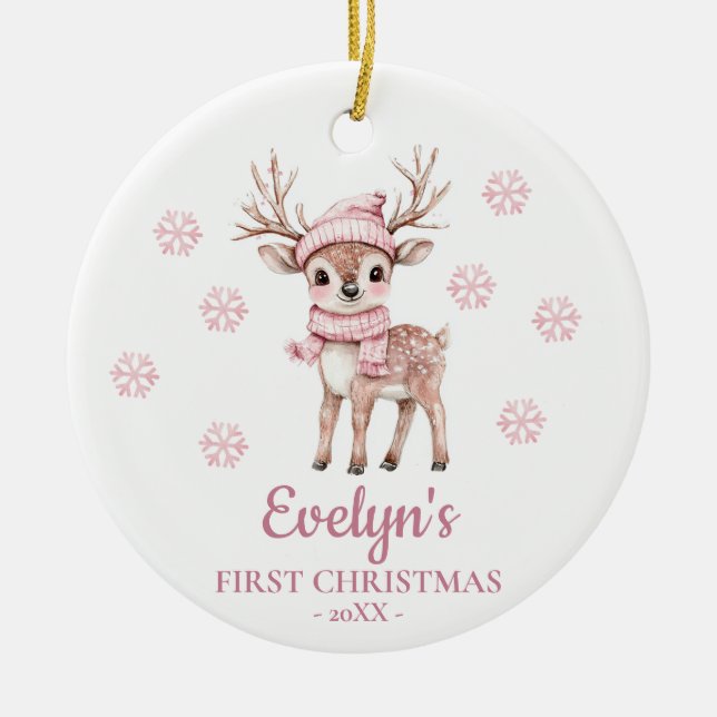 Ornamento De Cerâmica Baby Deer Personalized Girl's First Christmas (Frente)