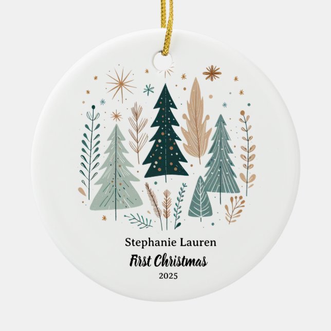 Ornamento De Cerâmica Baby First Christmas Boho Trees Photo Birth Stats (Frente)