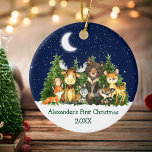 Ornamento De Cerâmica Baby First Christmas Forest Animais Redondos<br><div class="desc">Primeiro Natal do bebê: Cadeias de Madeira Animais Florestais Animais Florestais Pinheiros Lua,  Céu Estrelado e Ornamento Cerâmico de Neve. Os Bebês incluem Urso,  Veado,  Moose,  Raccoon,  Coelho Coelho,  Raposa e Coruja com vegetação florestal. Adicionar Nome.</div>