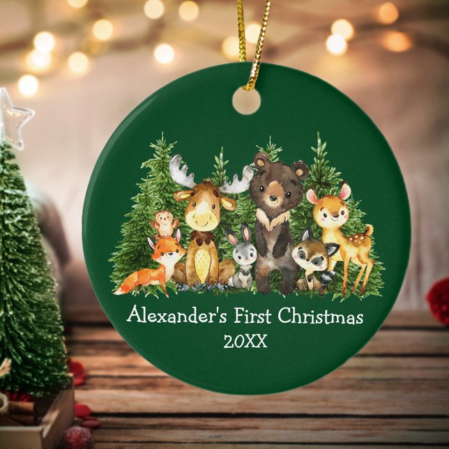Ornamento De Cerâmica Baby First Christmas Forest Animal Green Round (Customize with name and year.)