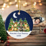 Ornamento De Cerâmica Baby First Christmas Forest Animal Lights PHOTO<br><div class="desc">Primeiro Natal do bebê: Cadeias de Madeira Animais Florestais Animais Florestais Pinheiros Lua,  Céu Estrelado e Ornamento Cerâmico de Neve. Os Bebês incluem Urso,  Veado,  Moose,  Raccoon,  Coelho Coelho,  Raposa e Coruja com verde florestal e luzes de cordas de férias. Adicionar Nome. Adicionar Foto.</div>