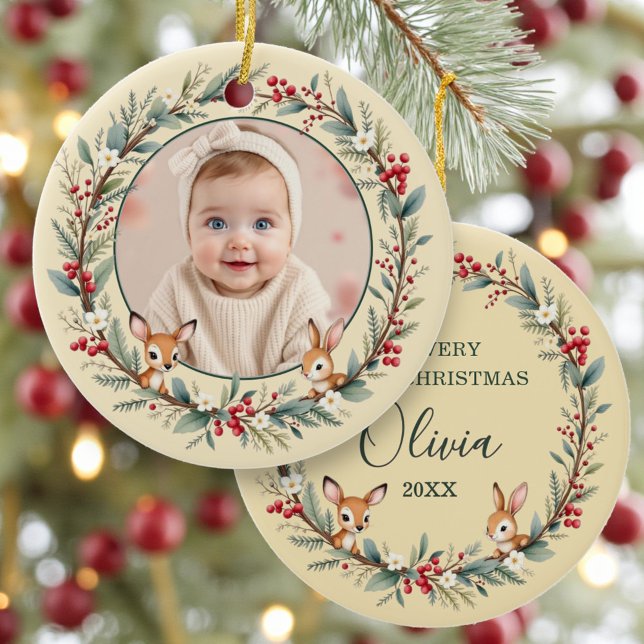 Ornamento De Cerâmica Baby First Christmas Photo Woodland Gold (Criador carregado)