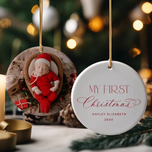 Ornamento De Cerâmica Baby First Christmas Red Photo Keepsake (Criador carregado)