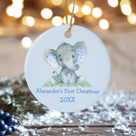 Ornamento De Cerâmica Baby First Christmas Watercolor Elepher Blue