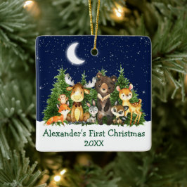 Ornamento De Cerâmica Baby First Christmas Watercolor Forest Animais