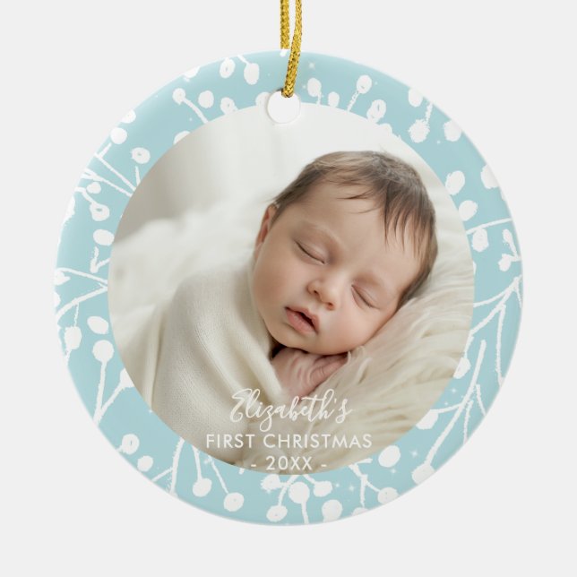 Ornamento De Cerâmica Baby First Christmas Winter Botanical Berries Blue (Frente)