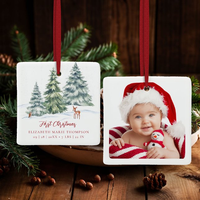 Ornamento De Cerâmica Baby First Christmas Woodland Deer Owl Photo  (baby first christmas ornament woodland deer owl winter wonderland photo template red calligraphy)