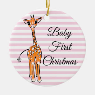 Ornamento De Cerâmica Baby Giraffe - listras brancas e cor-de-rosa