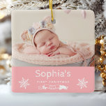 Ornamento De Cerâmica Baby Girl First Christmas Custom Photo Pink<br><div class="desc">Celebre o primeiro Natal de sua filhinha com este adorável ornamento,  com texto branco,  flocos de neve e faixa em um fundo cor-de-rosa. Personalize-o com a fotografia do bebê,  o seu nome na fonte branca esboçada e o ano na faixa abaixo.</div>