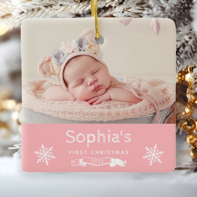 Ornamento De Cerâmica Baby Girl First Christmas Custom Photo Pink (Criador carregado)