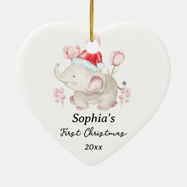 Ornamento De Cerâmica Baby Girl First Christmas Elephing Custom Name (Verso)