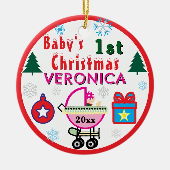 Ornamento De Cerâmica Baby Girl First Christmas Pink Hat NAME (Frente)
