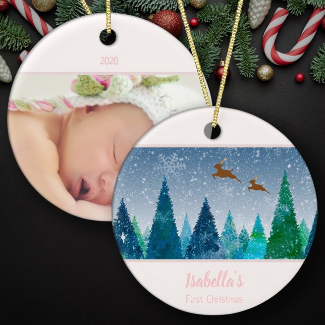 Ornamento De Cerâmica Baby Girl First Christmas Snowflake Photo (Criador carregado)