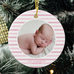 Ornamento De Cerâmica Baby Girl First Christmas Soft Pink Striped