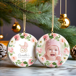 Ornamento De Cerâmica Baby Girl Pink Floral Primeira Foto de Natal