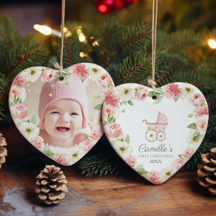 Ornamento De Cerâmica Baby Girl Pink Floral Primeira Foto de Natal