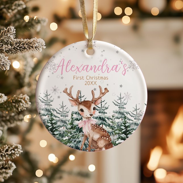 Ornamento De Cerâmica Baby Girl’s First Christmas Photo | Woodland  (Criador carregado)
