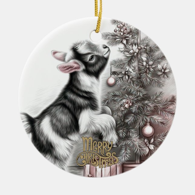 Ornamento De Cerâmica Baby Goat Christmas 10 and YOUR PHOTO (Frente)