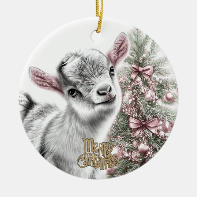 Ornamento De Cerâmica Baby Goat Christmas 14 and YOUR PHOTO (Frente)