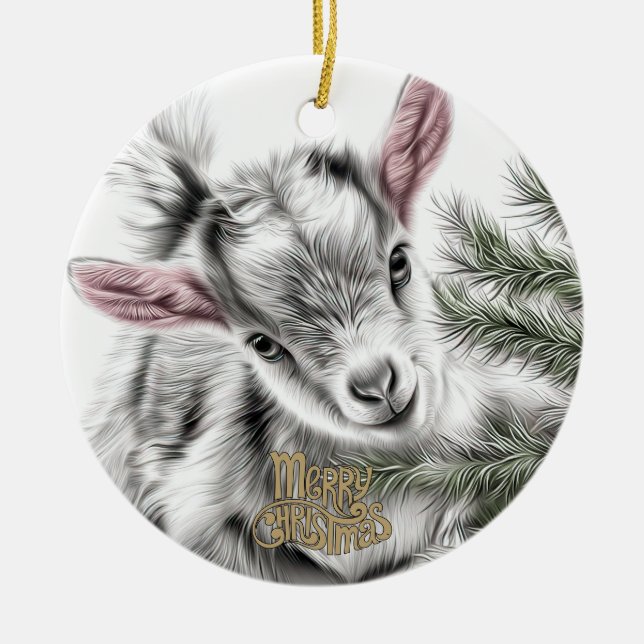 Ornamento De Cerâmica Baby Goat Christmas 3 and YOUR PHOTO (Frente)