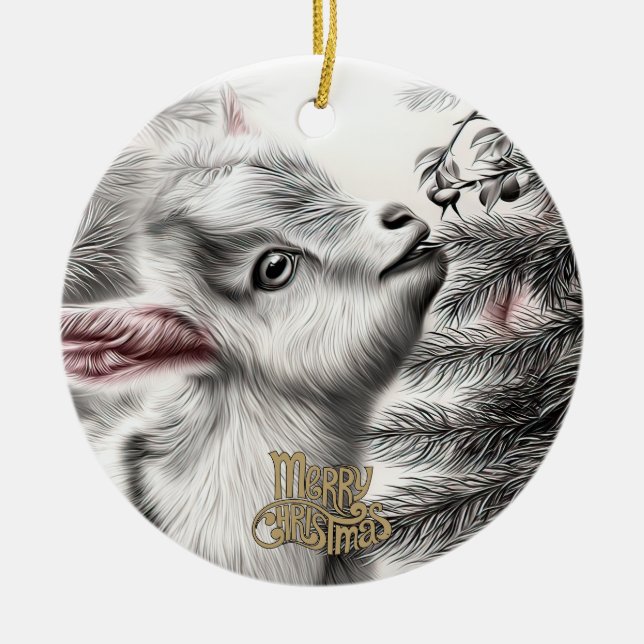 Ornamento De Cerâmica Baby Goat Christmas 7 and YOUR PHOTO (Frente)