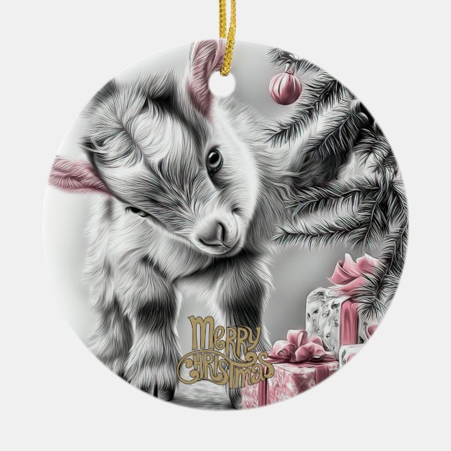 Ornamento De Cerâmica Baby Goat Christmas 9 and YOUR PHOTO (Frente)