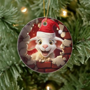Ornamento De Cerâmica Baby Lamb em Santa Hat - 3D