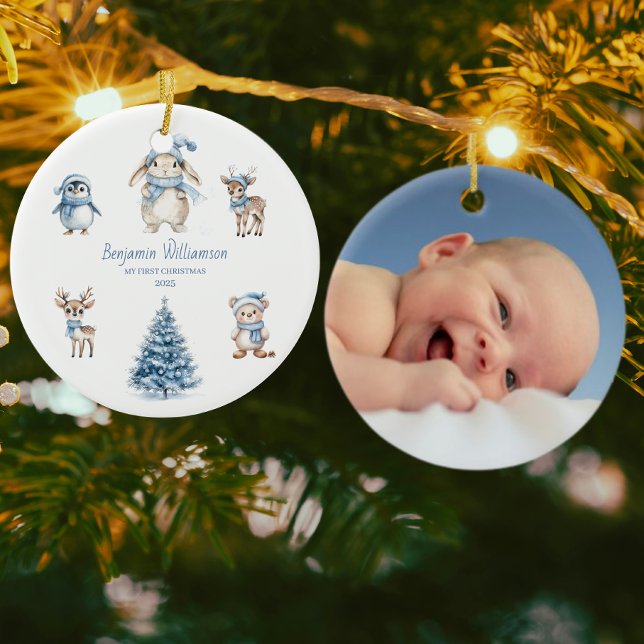 Ornamento De Cerâmica Baby My 1st Christmas Custom Woodland Blue (Criador carregado)