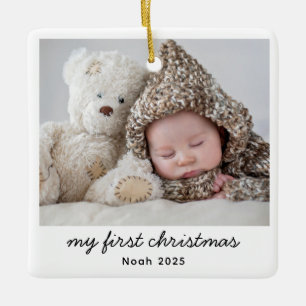 Ornamento De Cerâmica Baby My First Christmas Photo Modern Script Name