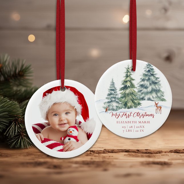 Ornamento De Cerâmica Baby My First Christmas Woodland Deer Owl Photo  (baby my first christmas ornament woodland deer owl trees baubles photo red calligraphy)