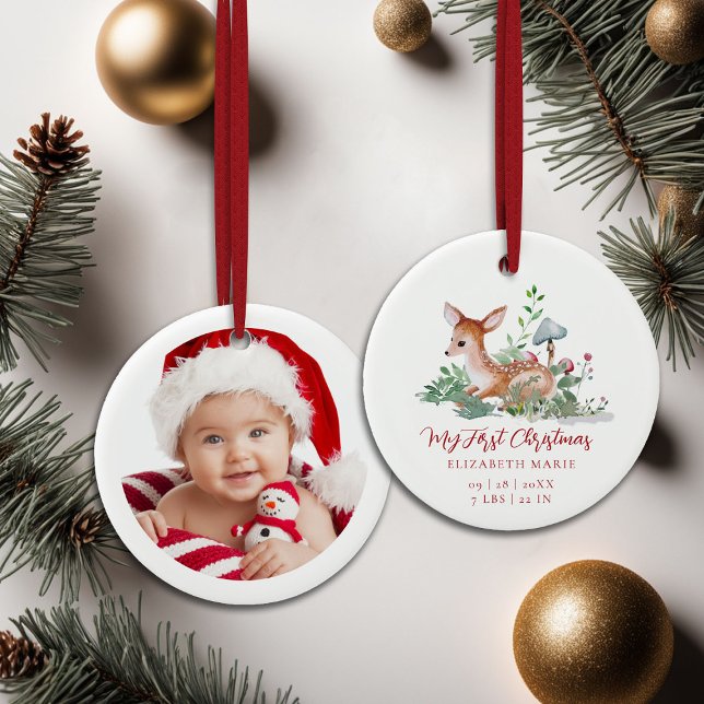Ornamento De Cerâmica Baby My First Christmas Woodland Deer Photo  (baby my first christmas ornament woodland deer mushrooms photo template red calligraphy)