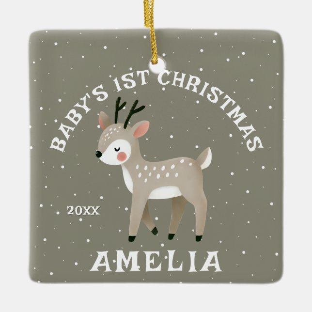 Ornamento De Cerâmica Baby’s 1st Christmas Reindeer Keepsake Photo (Frente)