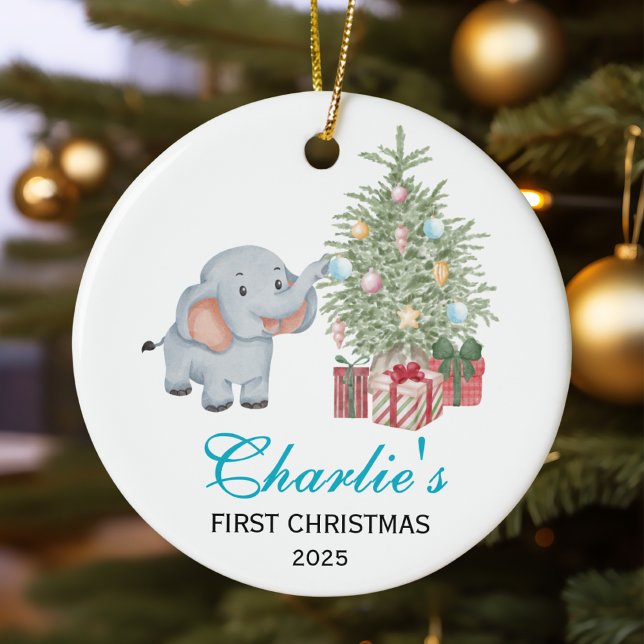 Ornamento De Cerâmica Baby’s First Christmas Personalized Elephant (Criador carregado)