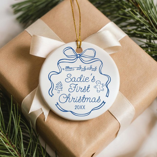 Ornamento De Cerâmica Babys First Christmas Blue Ribbon Whimsical Doodle (Custom Baby Name Ornament First Christmas)