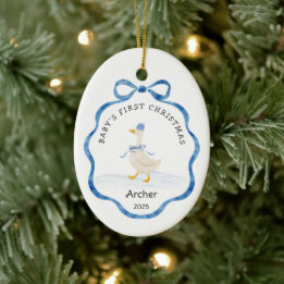 Ornamento De Cerâmica Babys First Christmas Blue Watercolor Ribbon Goose