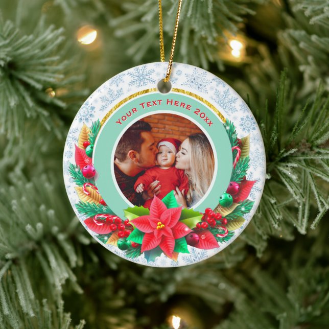 Ornamento De Cerâmica Baby's First Christmas Custom Name Photo Keepsake (Árvore)