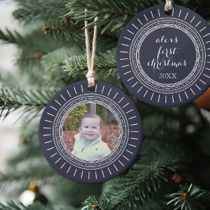 Ornamento De Cerâmica Baby's First Christmas Modern Navy & White Photo