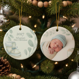 Ornamento De Cerâmica Baby's First Christmas Photo