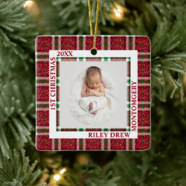 Ornamento De Cerâmica Baby's First Christmas Photo Plaid