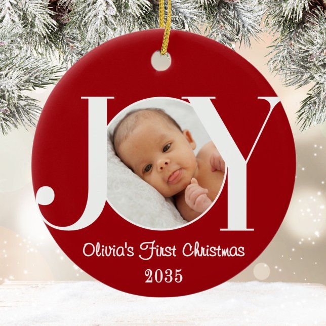 Ornamento De Cerâmica Baby's First Christmas Photo Red (Criador carregado)